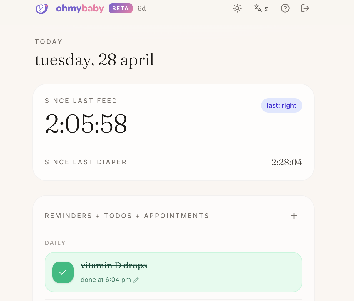 ohmybaby today dashboard with live feed timer, pause controls, recurring medication reminders, todos, and quick baby-care actions