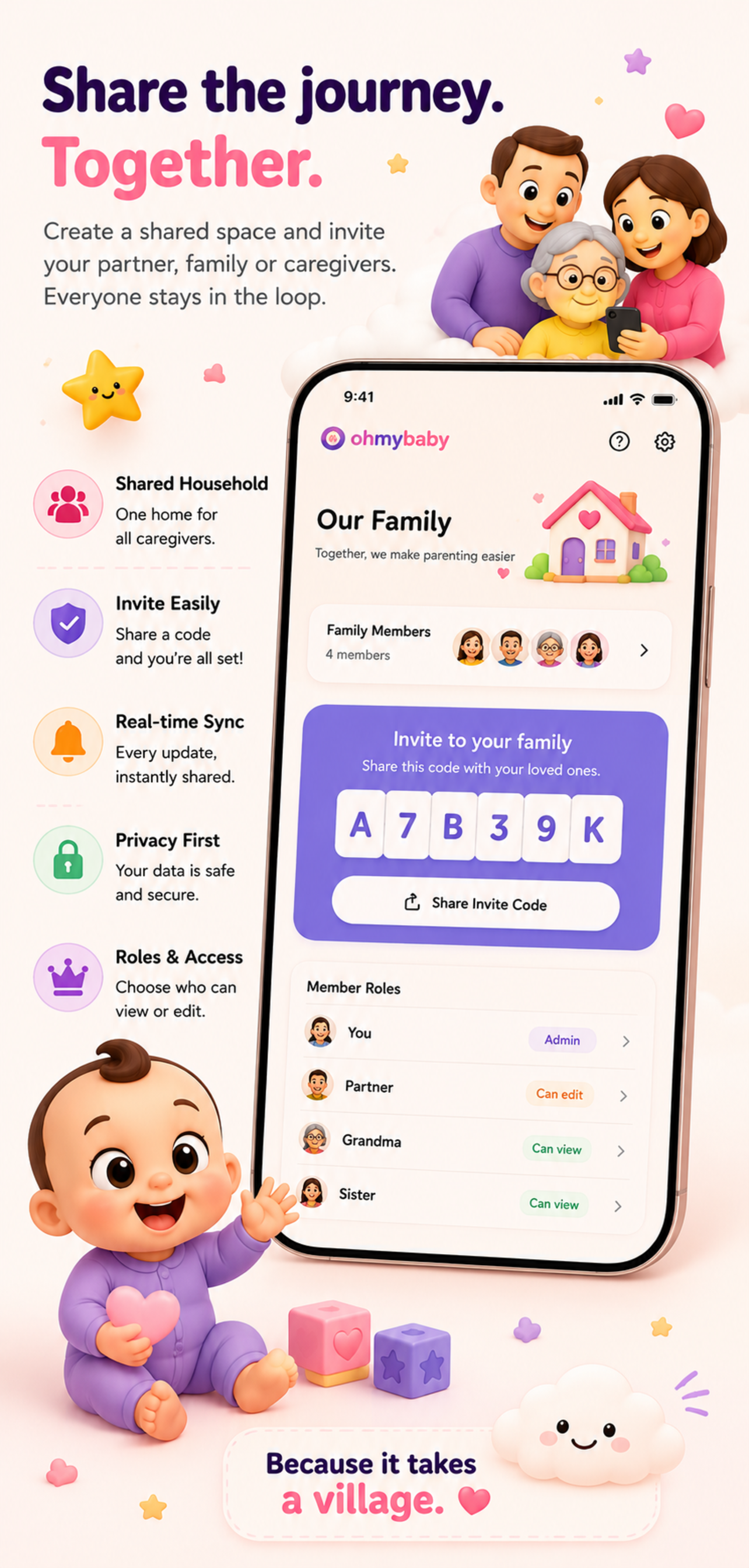 ohmybaby shared family baby tracker with invite code, caregiver roles, privacy controls, and realtime household sync